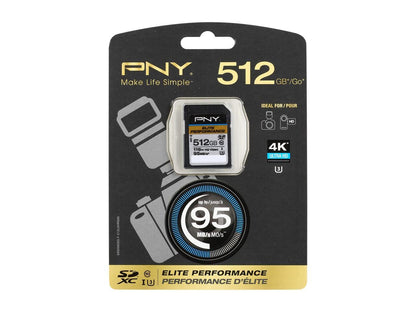 PNY 512GB Elite Performance SDXC UHS-I/U3 Class 10 Memory Card, Speed Up to 95MB/s (P-SDX512U3H-GE)