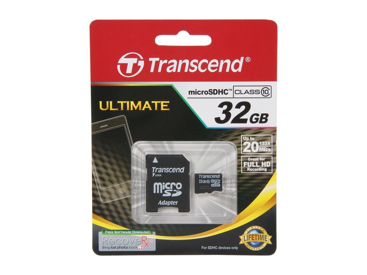 Transcend 32GB microSDHC Flash Card with Adapter Model TS32GUSDHC10