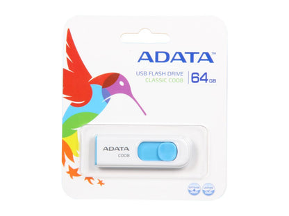 ADATA Classic Series C008 Retractable 64GB USB 2.0 Flash Drive (White and Blue) Model AC008-64G-RWE