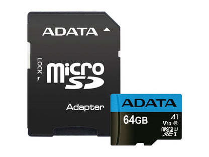 ADATA 64GB Premier microSDXC UHS-I / Class 10 V10 A1 Memory Card with SD Adapter, Speed Up to 100MB/s (AUSDX64GUICL10A1-RA1)
