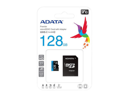 ADATA 128GB Premier microSDXC UHS-I / Class 10 V10 A1 Memory Card with SD Adapter, Speed Up to 100MB/s (AUSDX128GUICL10A1-RA1)