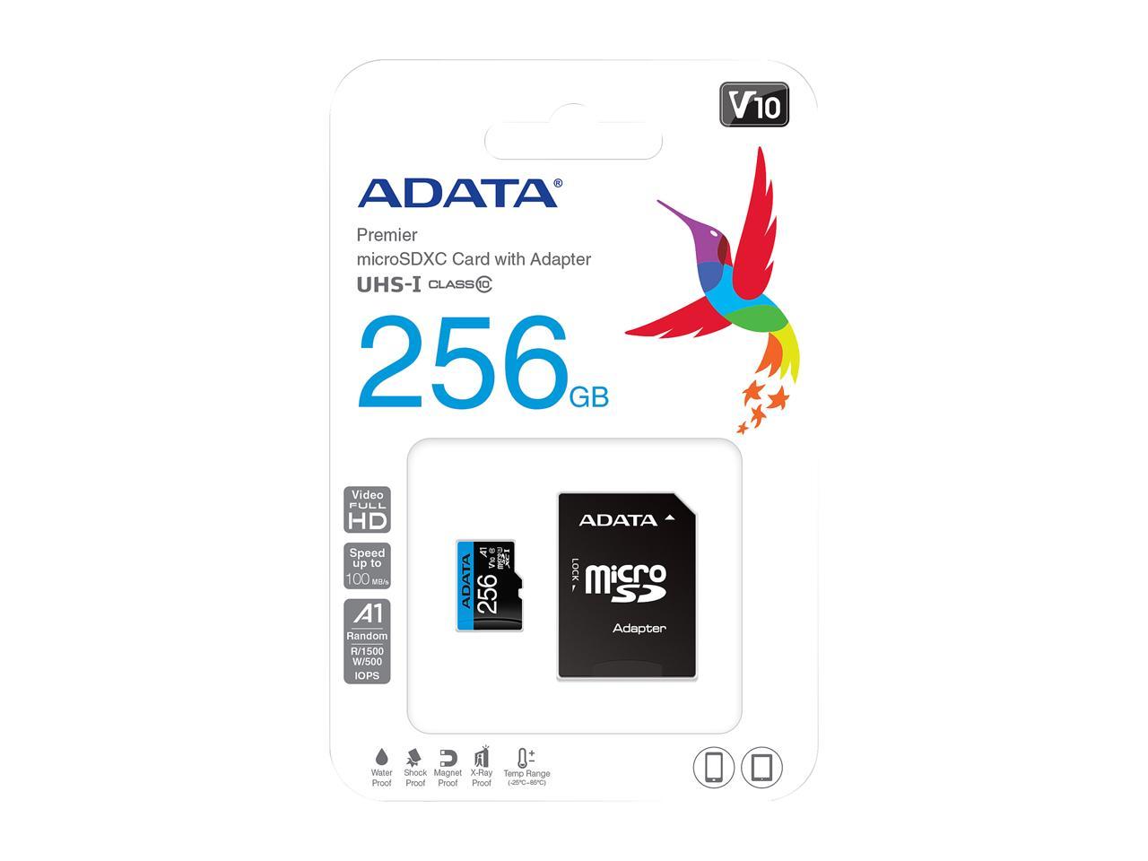 ADATA 256GB Premier microSDXC UHS-I / Class 10 V10 A1 Memory Card with SD Adapter, Speed Up to 100MB/s (AUSDX256GUICL10A1-RA1)