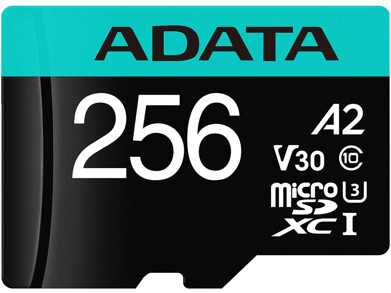 ADATA 256GB Premier Pro microSDXC UHS-I U3 / Class 10 V30 A2 Memory Card with SD Adapter, Speed Up to 100MB/s (AUSDX256GUI3V30SA2-RA1)