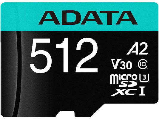 ADATA 512GB Premier Pro microSDXC UHS-I U3 / Class 10 V30 A2 Memory Card with SD Adapter, Speed Up to 100MB/s (AUSDX512GUI3V30SA2-RA1)