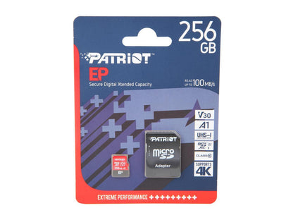 Patriot 256GB EP Series MicroSDXC U3, A1, V30. 4K Memory Card with Adapter, Reads 90MB/s, Writes 80MB/s