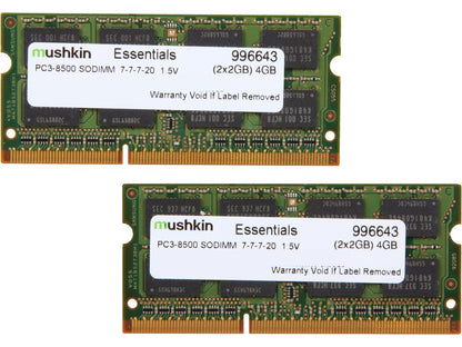 Mushkin Enhanced Essentials 4GB (2 x 2GB) 204-Pin DDR3 SO-DIMM DDR3 1066 (PC3 8500) Laptop Memory Model 996643
