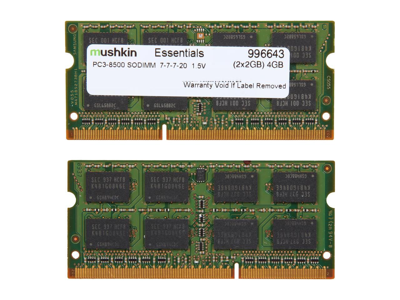 Mushkin Enhanced Essentials 4GB (2 x 2GB) 204-Pin DDR3 SO-DIMM DDR3 1066 (PC3 8500) Laptop Memory Model 996643