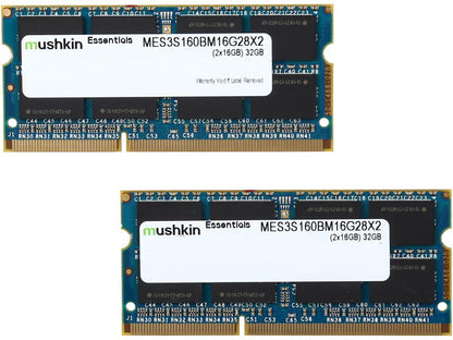 Mushkin Enhanced Essentials 32GB (2 x 16GB) 204-Pin DDR3 SO-DIMM DDR3L 1600 (PC3L 12800) Laptop Memory Model MES3S160BM16G28X2