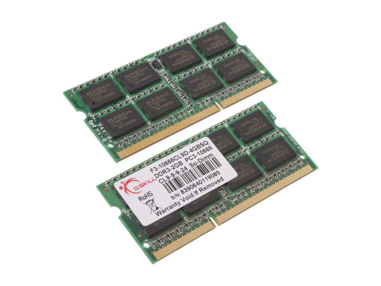 G.SKILL 4GB (2 x 2GB) 204-Pin DDR3 SO-DIMM DDR3 1333 (PC3 10666) Dual Channel Kit Laptop Memory Model F3-10666CL9D-4GBSQ