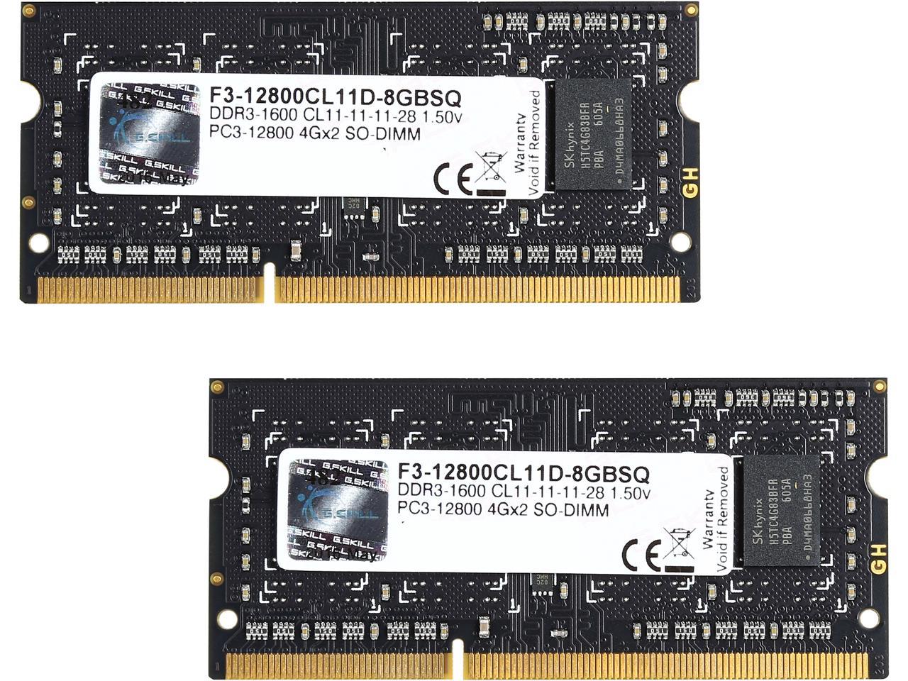 G.SKILL 8GB (2 x 4GB) 204-Pin DDR3 SO-DIMM DDR3 1600 (PC3 12800) Laptop Memory Model F3-12800CL11D-8GBSQ