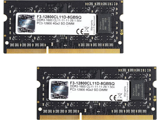 G.SKILL 8GB (2 x 4GB) 204-Pin DDR3 SO-DIMM DDR3 1600 (PC3 12800) Laptop Memory Model F3-12800CL11D-8GBSQ