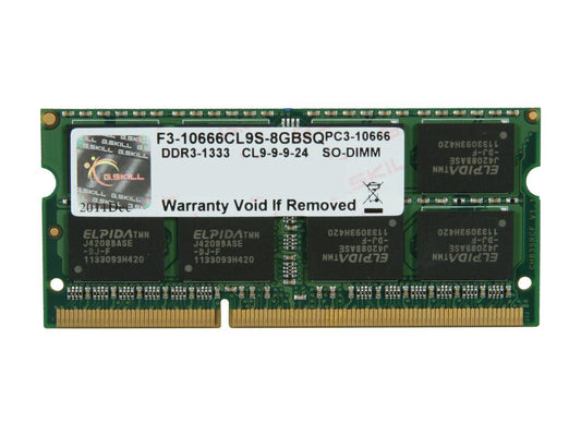 G.SKILL 8GB 204-Pin DDR3 SO-DIMM DDR3 1333 (PC3 10666) Laptop Memory Model F3-10666CL9S-8GBSQ
