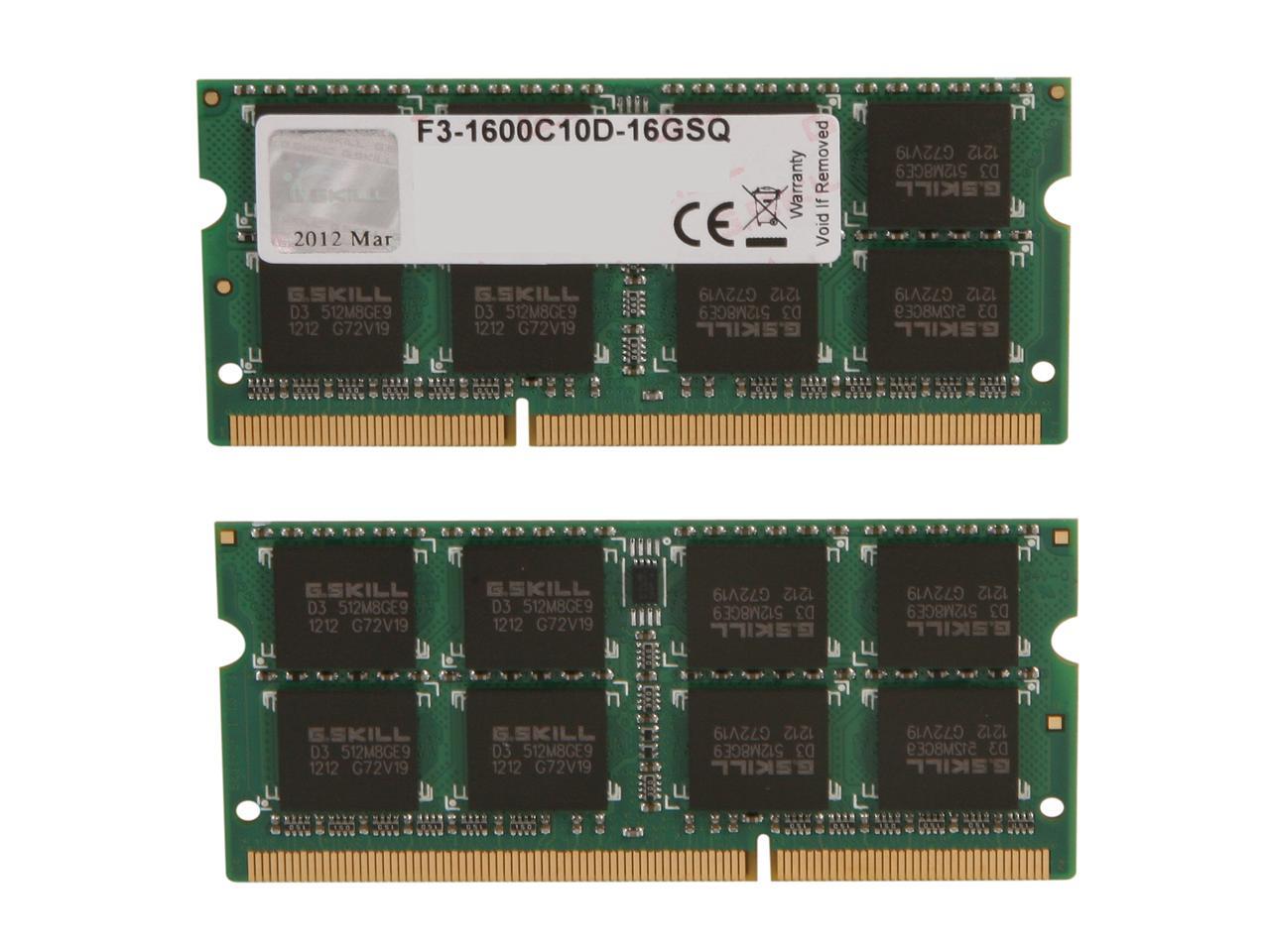 G.SKILL Standard Series 16GB (2 x 8GB) 204-Pin DDR3 SO-DIMM DDR3 1600 (PC3 12800) Laptop Memory Model F3-1600C10D-16GSQ
