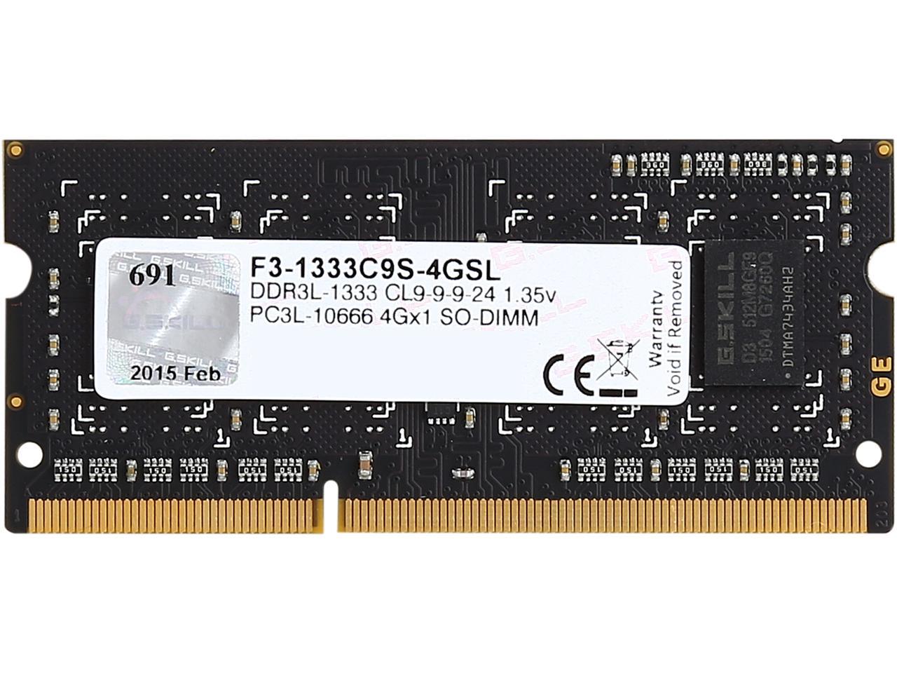 G.SKILL 4GB 204-Pin DDR3 SO-DIMM DDR3L 1333 (PC3L 10666) Laptop Memory Model F3-1333C9S-4GSL