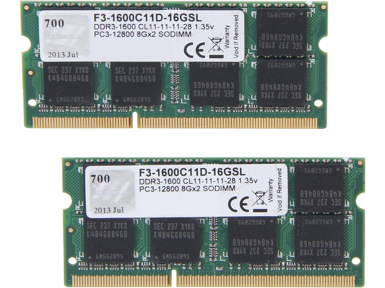 G.SKILL 16GB (2 x 8GB) 204-Pin DDR3 SO-DIMM DDR3L 1600 (PC3L 12800) Laptop Memory Model F3-1600C11D-16GSL