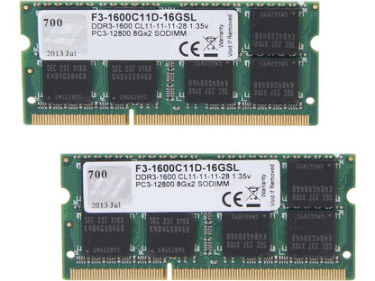 G.SKILL 16GB (2 x 8GB) 204-Pin DDR3 SO-DIMM DDR3L 1600 (PC3L 12800) Laptop Memory Model F3-1600C11D-16GSL