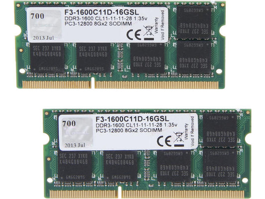 G.SKILL 16GB (2 x 8GB) 204-Pin DDR3 SO-DIMM DDR3L 1600 (PC3L 12800) Laptop Memory Model F3-1600C11D-16GSL
