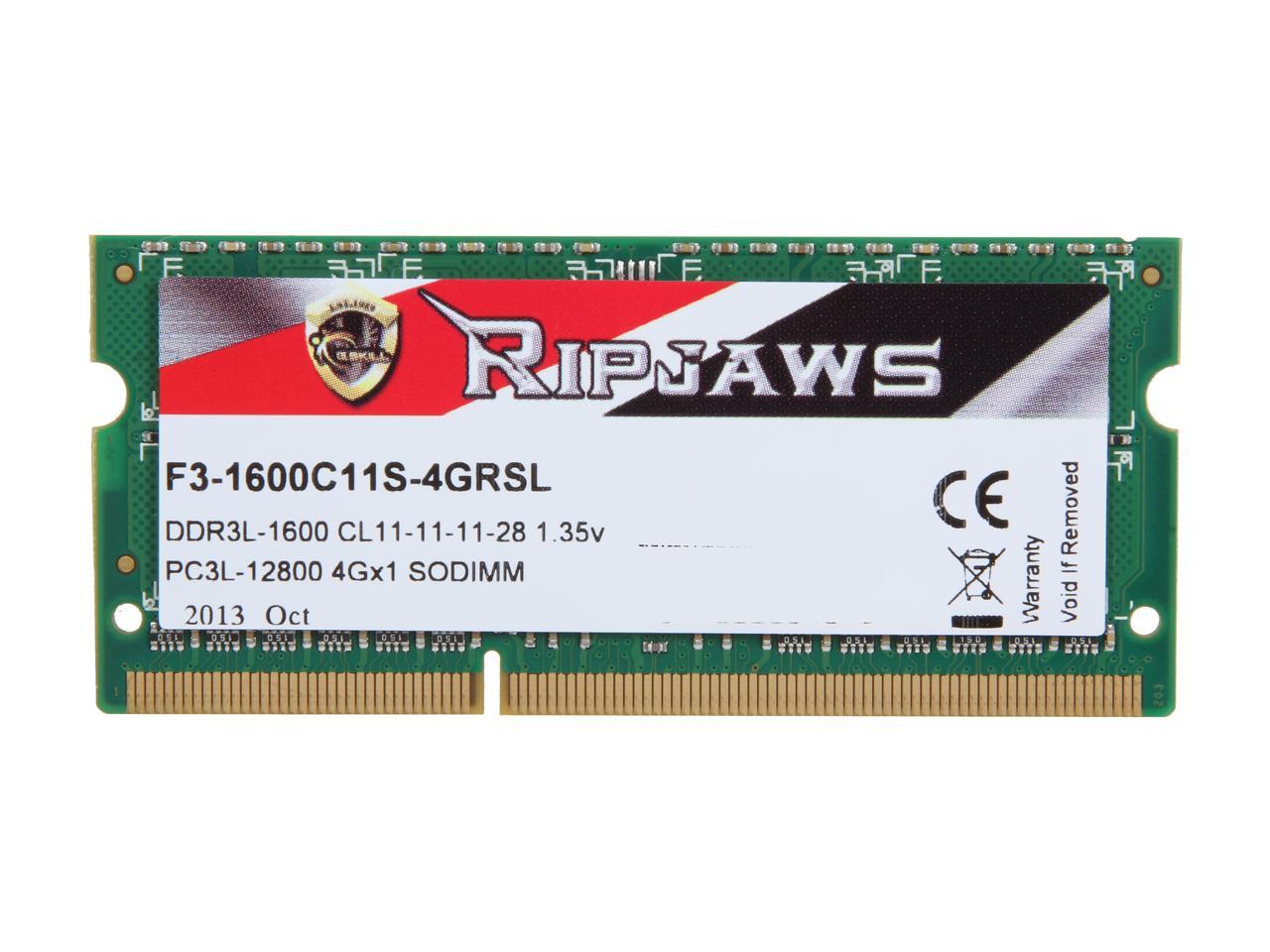 G.SKILL Ripjaws Series 4GB 204-Pin DDR3 SO-DIMM DDR3L 1600 (PC3L 12800) Laptop Memory Model F3-1600C11S-4GRSL