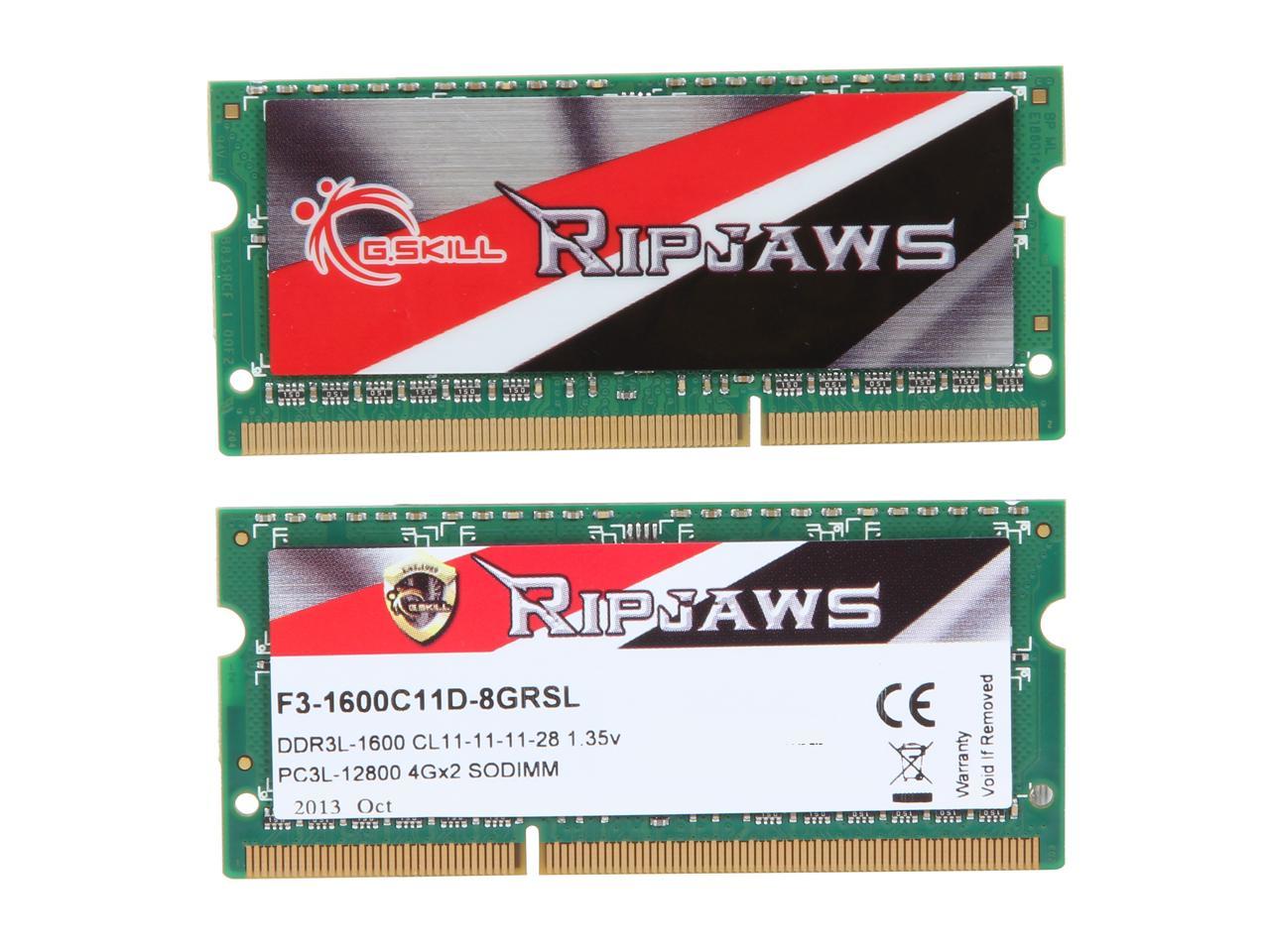 G.SKILL Ripjaws Series 8GB (2 x 4GB) 204-Pin DDR3 SO-DIMM DDR3L 1600 (PC3L 12800) Laptop Memory Model F3-1600C11D-8GRSL