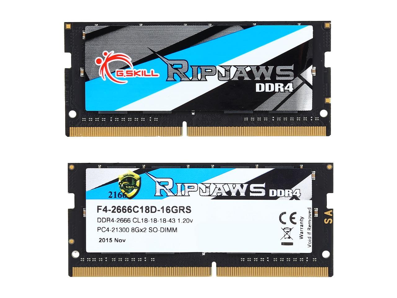 G.SKILL Ripjaws Series 16GB (2 x 8GB) 260-Pin DDR4 SO-DIMM DDR4 2666 (PC4 21300) Laptop Memory Model F4-2666C18D-16GRS