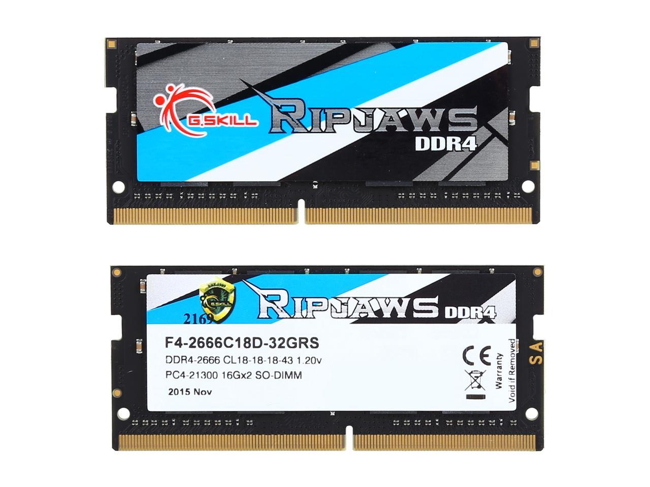 G.SKILL Ripjaws Series 32GB (2 x 16GB) 260-Pin DDR4 SO-DIMM DDR4 2666 (PC4 21300) Laptop Memory Model F4-2666C18D-32GRS