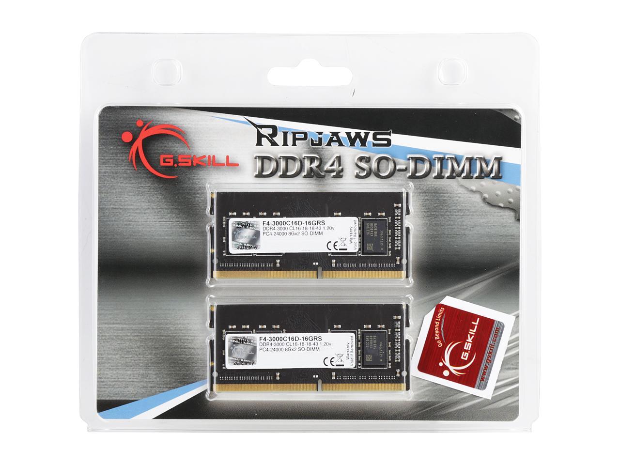 G.SKILL Ripjaws Series 16GB (2 x 8GB) 260-Pin DDR4 SO-DIMM DDR4 3000 (PC4 24000) Laptop Memory Model F4-3000C16D-16GRS