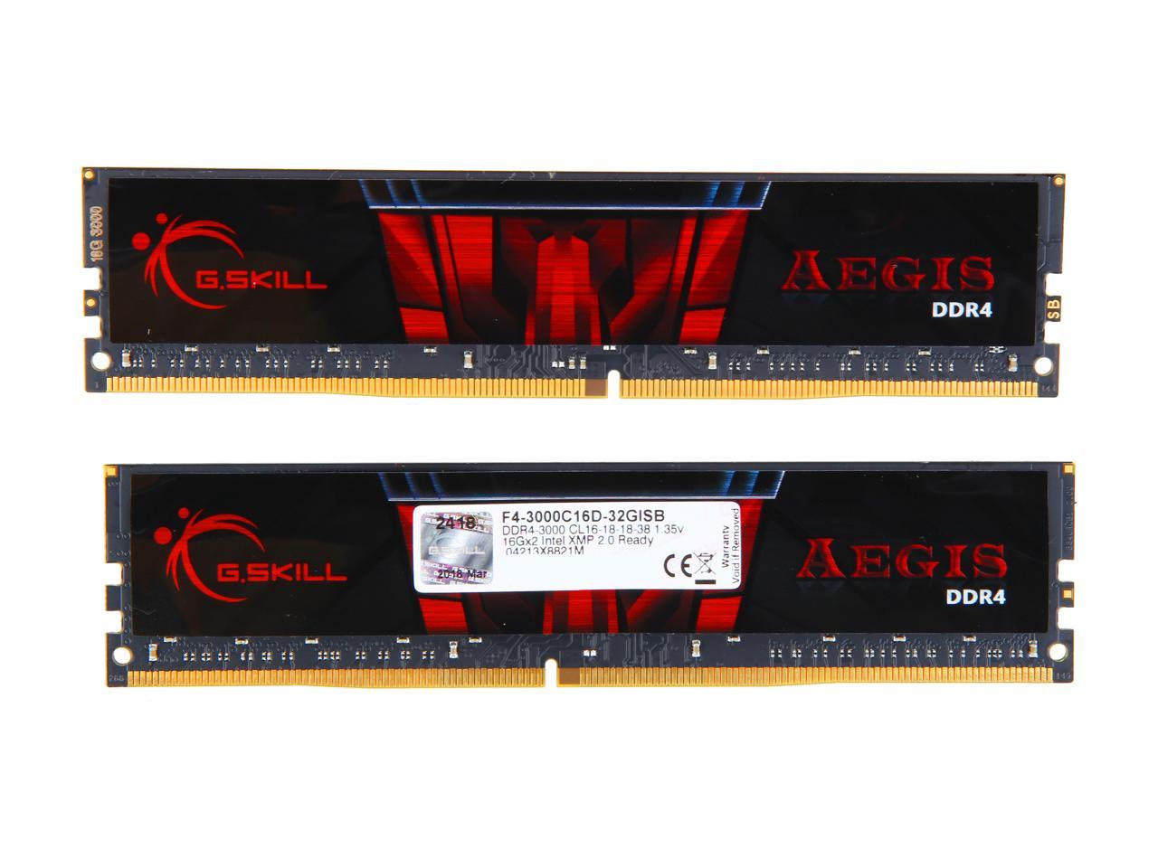 G.SKILL Aegis 32GB (2 x 16GB) 288-Pin DDR4 SDRAM DDR4 3000 (PC4 24000) Intel XMP 2.0 Desktop Memory Model F4-3000C16D-32GISB