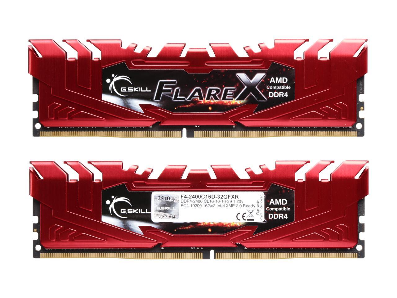 G.SKILL Flare X Series 32GB (2 x 16GB) 288-Pin DDR4 SDRAM DDR4 2400 (PC4 19200) AMD X370 / B350 / A320 Memory (Desktop Memory) Model F4-2400C16D-32GFXR