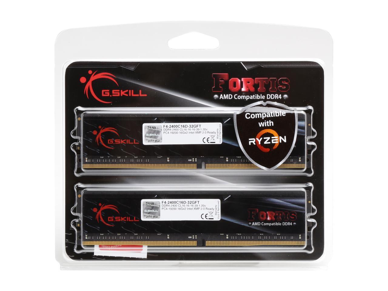 G.SKILL FORTIS (for AMD) 32GB (2 x 16GB) 288-Pin DDR4 SDRAM DDR4 2400 (PC4 19200) AMD X370 / B350 / A320 Memory (Desktop Memory) Model F4-2400C16D-32GFT