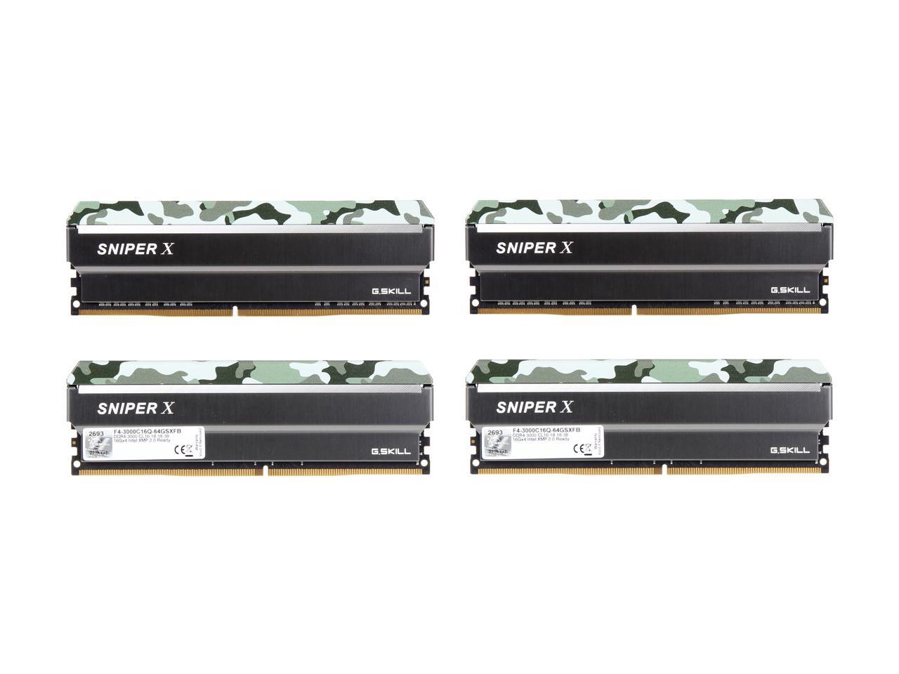 G.SKILL Sniper X Series 64GB (4 x 16GB) 288-Pin DDR4 SDRAM DDR4 3000 (PC4 24000) Intel X299 / X99 / Z370 / Z270 / Z170 Platform Desktop Memory Model F4-3000C16Q-64GSXFB
