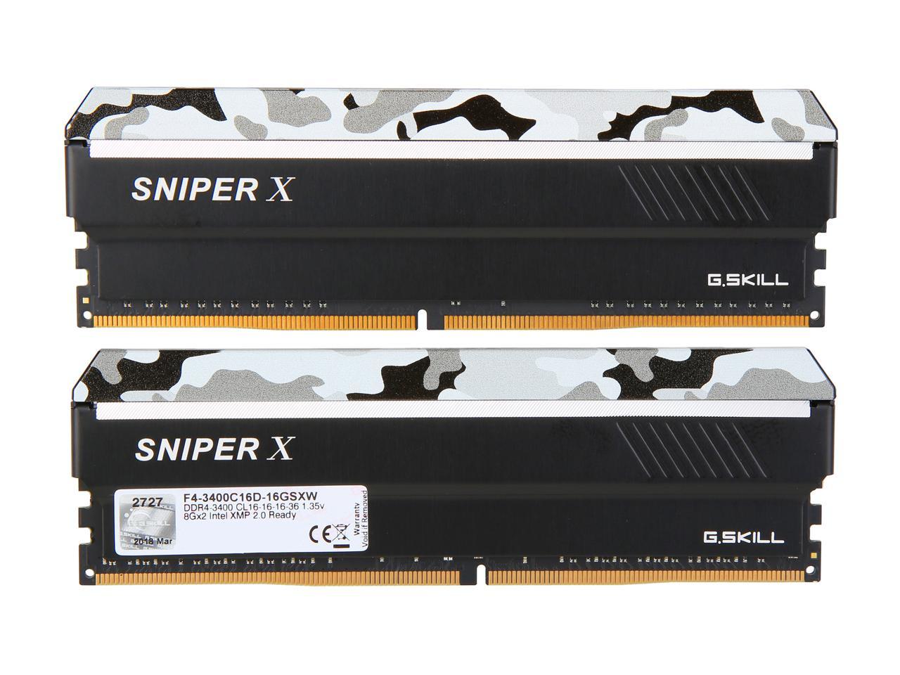 G.SKILL Sniper X Series 16GB (2 x 8GB) 288-Pin DDR4 SDRAM DDR4 3400 (PC4 27200) AMD X370 Desktop Memory Model F4-3400C16D-16GSXW