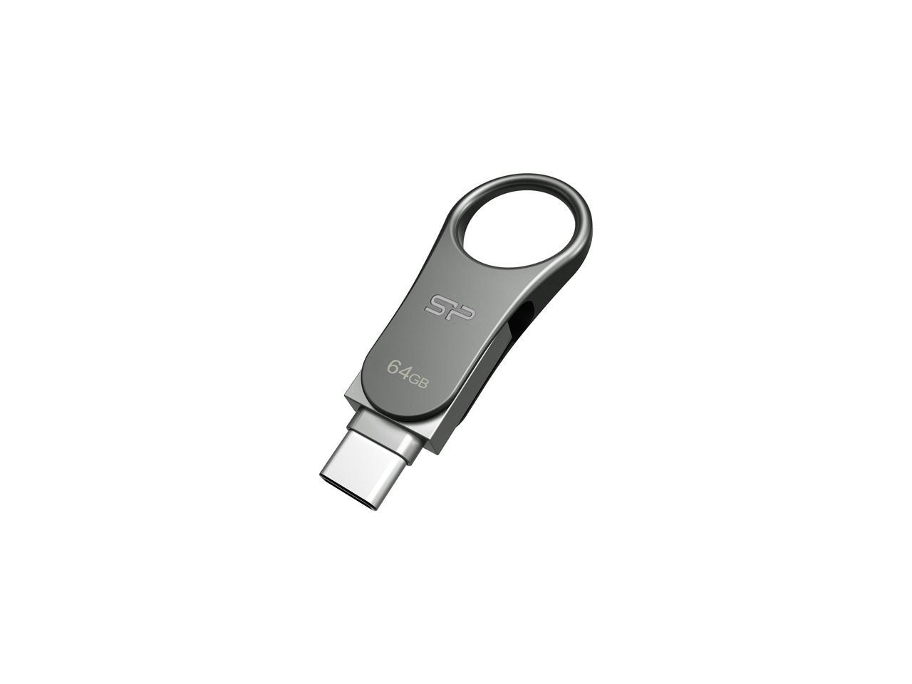 Silicon Power 64GB Mobile C80 Metallic Swivel Dual Type-C (USB-C)/USB 3.0 Flash Drive for Type-C ready mobile devices and MacBook - Titanium (SP064GBUC3C80V1S)