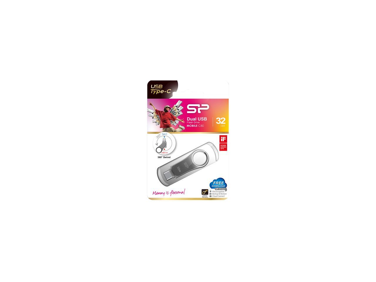 Silicon Power 32GB Mobile C80 Metallic Swivel Dual Type-C (USB-C)/USB 3.0 Flash Drive for Type-C ready mobile devices and MacBook - Titanium (SP032GBUC3C80V1S)