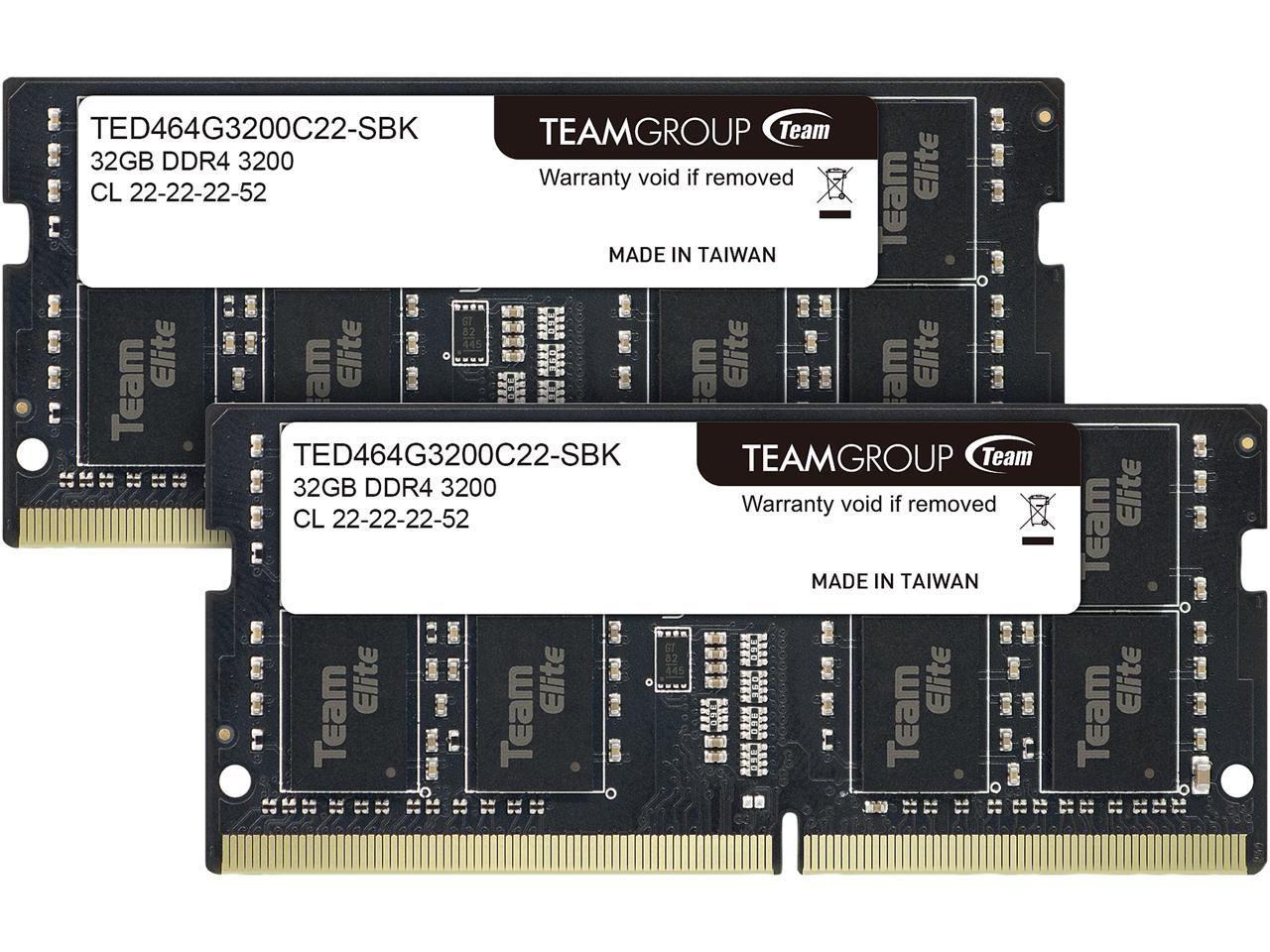 Team Elite 64GB (2 x 32GB) 260-Pin DDR4 SO-DIMM DDR4 3200 (PC4 25600) Laptop Memory Model TED464G3200C22DC-S01