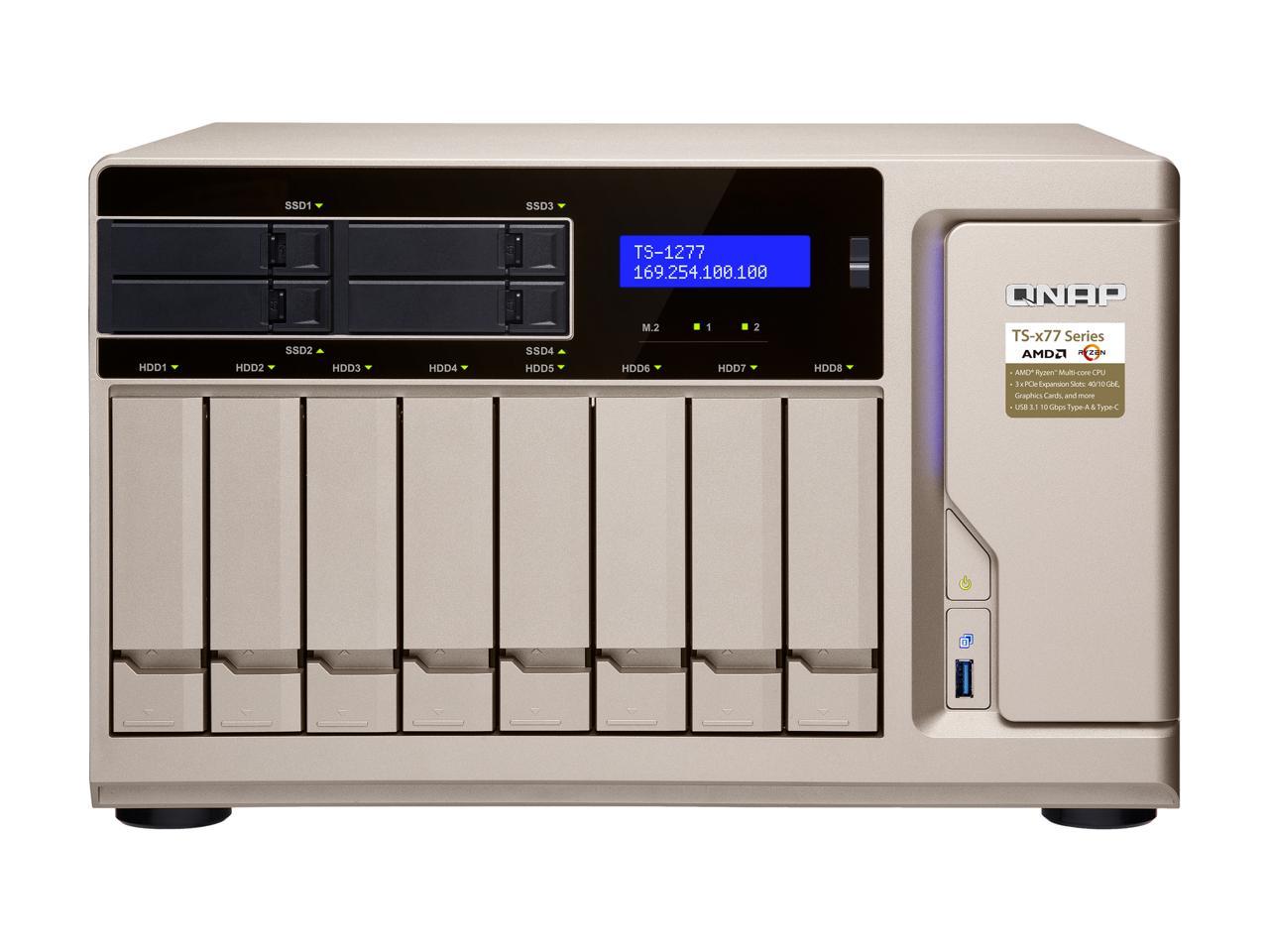 QNAP TS-1277-1700-64G-US High-Performance 12 Bay (8+4) NAS/iSCSI IP-SAN. AMD Ryzen 7 1700 8-core 3.0GHz, 64GB RAM, 10G-Ready