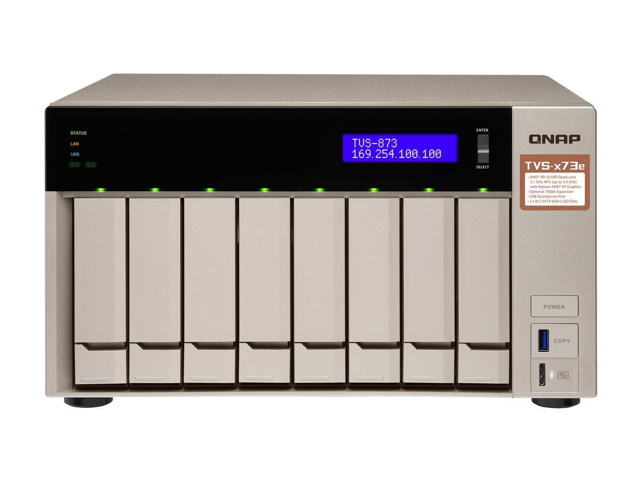 Qnap 8-bay NAS/iSCSI IP-SAN, AMD R series Quad-core 2.1GHz, 4GB RAM, 10G-ready (TVS-873e-4G-US)