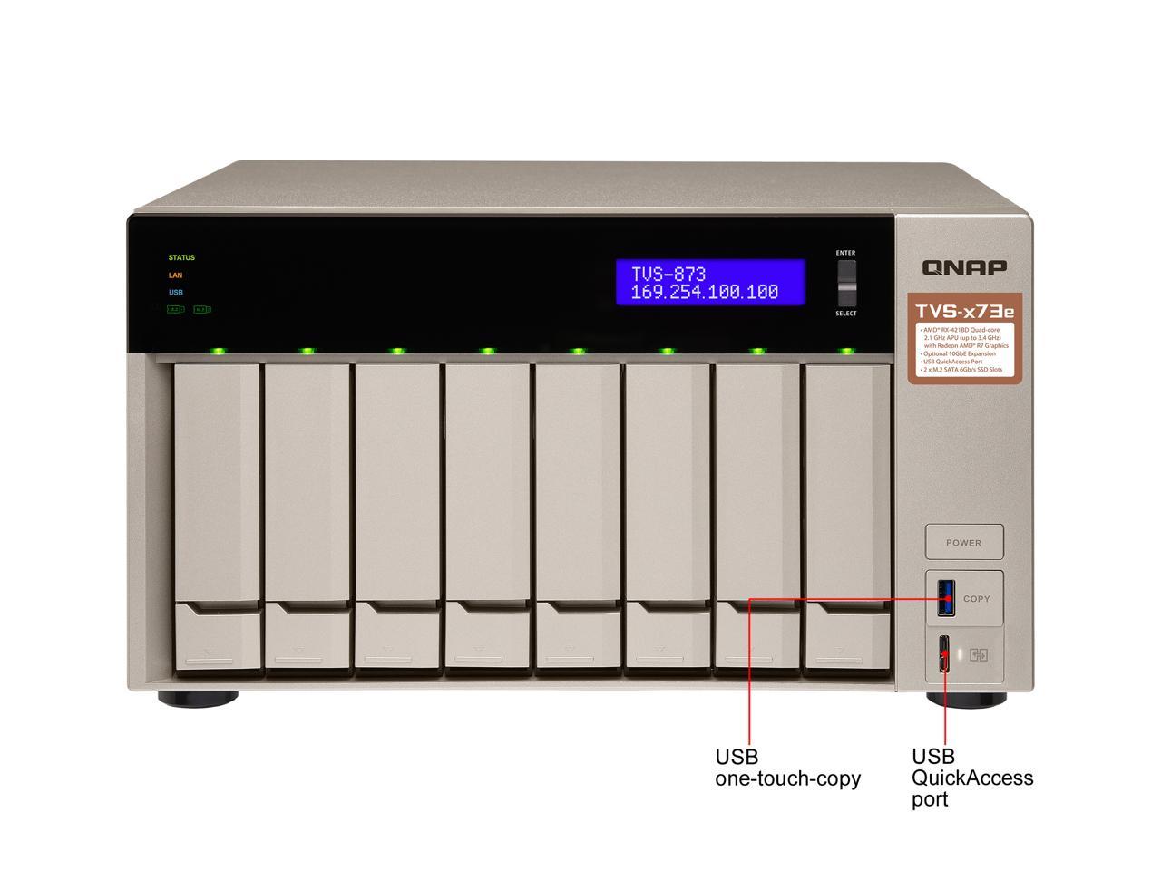 Qnap 8-bay NAS/iSCSI IP-SAN, AMD R series Quad-core 2.1GHz, 4GB RAM, 10G-ready (TVS-873e-4G-US)