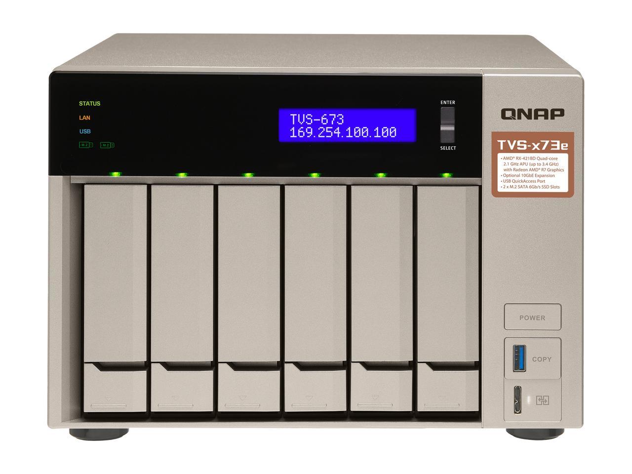 Qnap 6-bay NAS/iSCSI IP-SAN, AMD R series Quad-core 2.1GHz, 8GB RAM, 10G-ready (TVS-673e-8G-US)