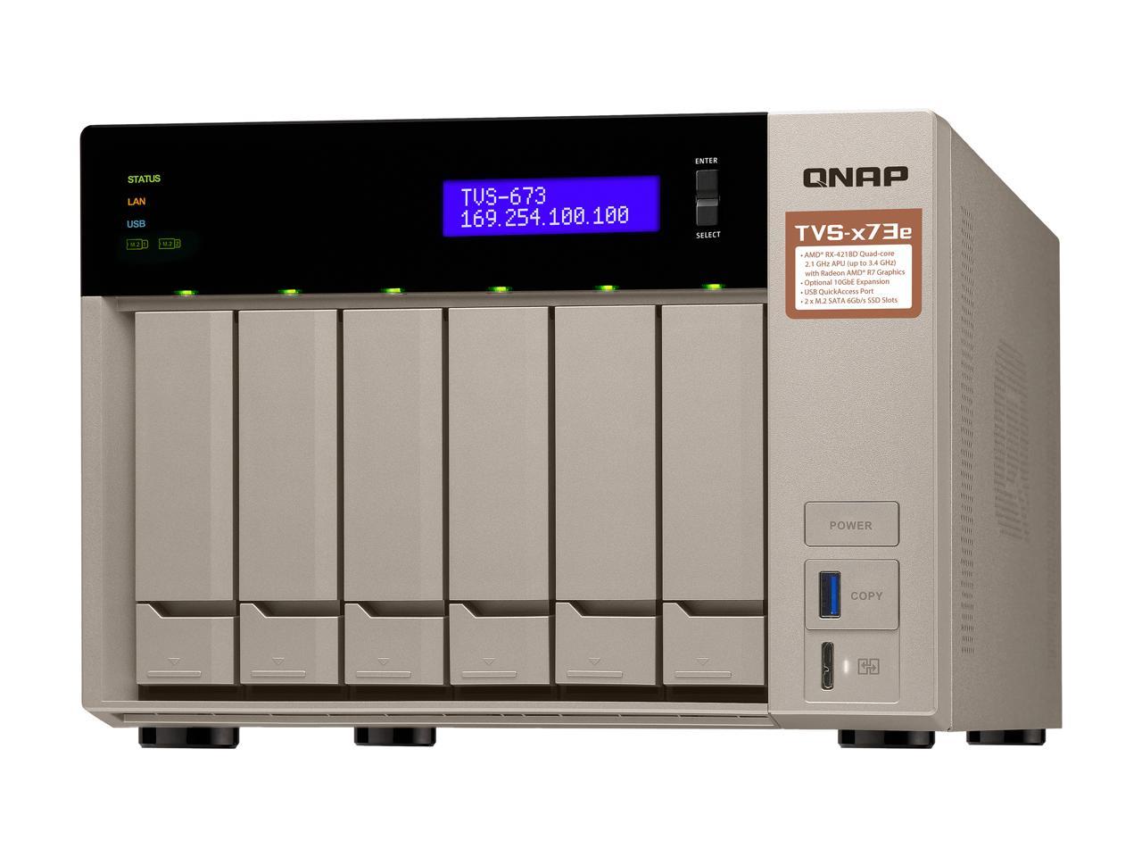 Qnap 6-bay NAS/iSCSI IP-SAN, AMD R series Quad-core 2.1GHz, 8GB RAM, 10G-ready (TVS-673e-8G-US)