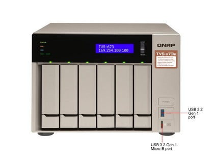 Qnap 6-bay NAS/iSCSI IP-SAN, AMD R series Quad-core 2.1GHz, 4GB RAM, 10G-ready (TVS-673e-4G-US)