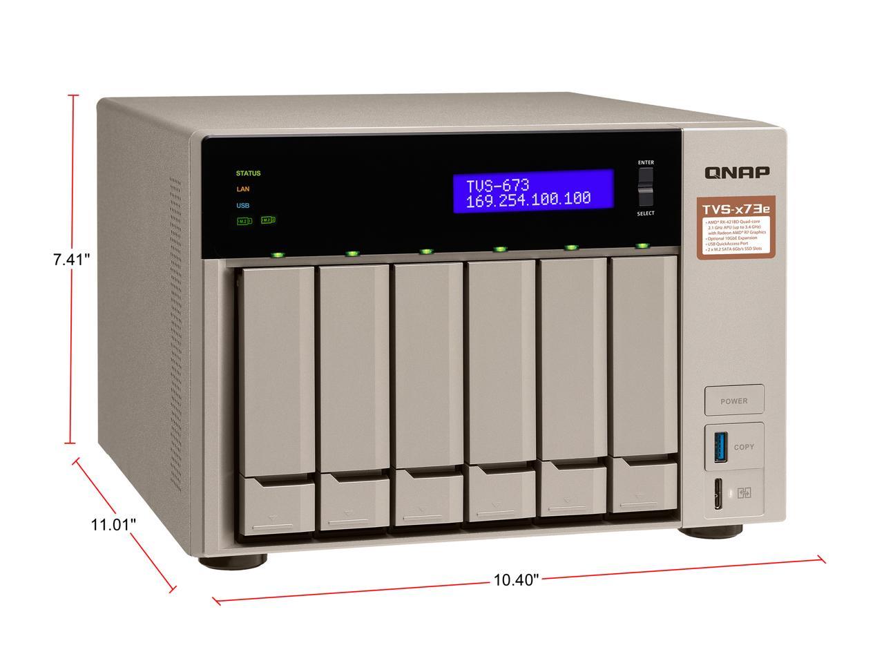 Qnap 6-bay NAS/iSCSI IP-SAN, AMD R series Quad-core 2.1GHz, 4GB RAM, 10G-ready (TVS-673e-4G-US)
