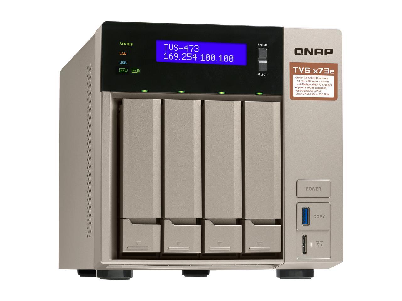 Qnap 4-bay NAS/iSCSI IP-SAN, AMD R series Quad-core 2.1GHz, 8GB RAM, 10G-ready (TVS-473e-8G-US)