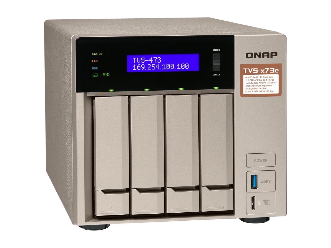 Qnap 4-bay NAS/iSCSI IP-SAN, AMD R series Quad-core 2.1GHz, 8GB RAM, 10G-ready (TVS-473e-8G-US)