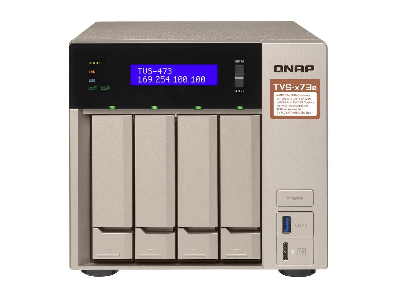 Qnap 4-bay NAS/iSCSI IP-SAN, AMD R series Quad-core 2.1GHz, 4GB RAM, 10G-ready (TVS-473e-4G-US)