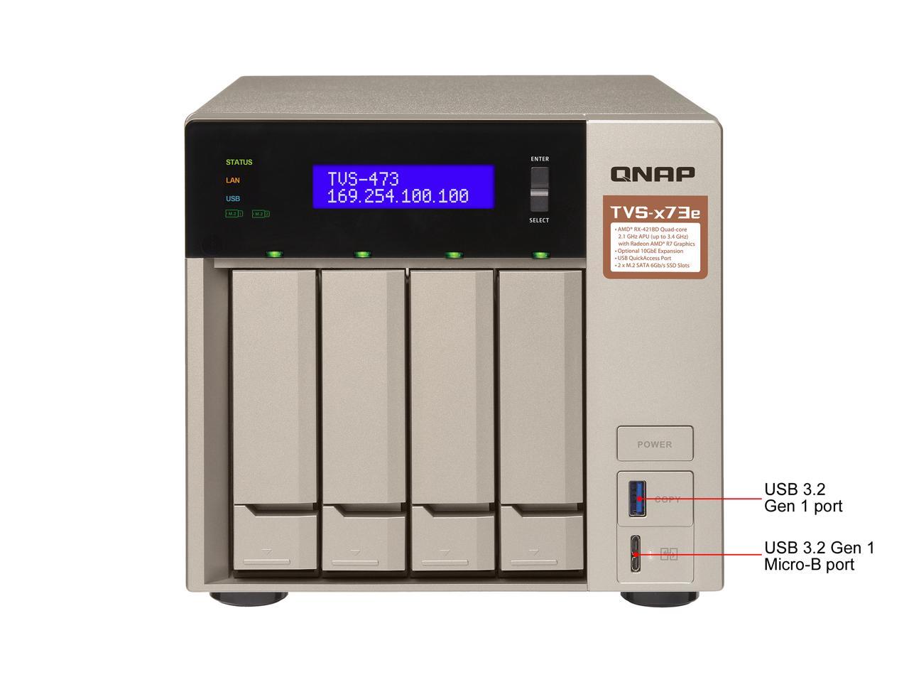 Qnap 4-bay NAS/iSCSI IP-SAN, AMD R series Quad-core 2.1GHz, 4GB RAM, 10G-ready (TVS-473e-4G-US)