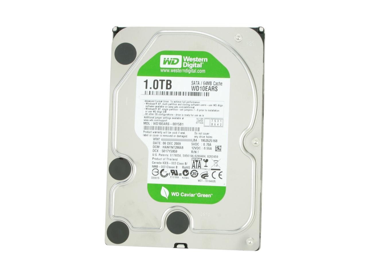 Western Digital WD Green WD10EARS 1TB 5400 RPM 64MB Cache SATA 3.0Gb/s 3.5" Internal Hard Drive Bare Drive