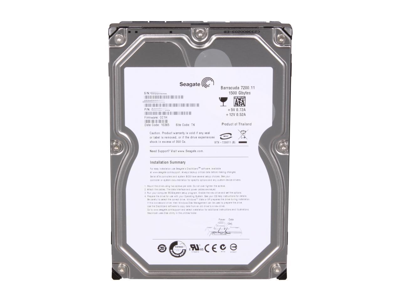 Seagate BarraCuda 7200.11 ST31500341AS 1.5TB 7200 RPM 32MB Cache SATA 3.0Gb/s 3.5" Internal Hard Drive Bare Drive