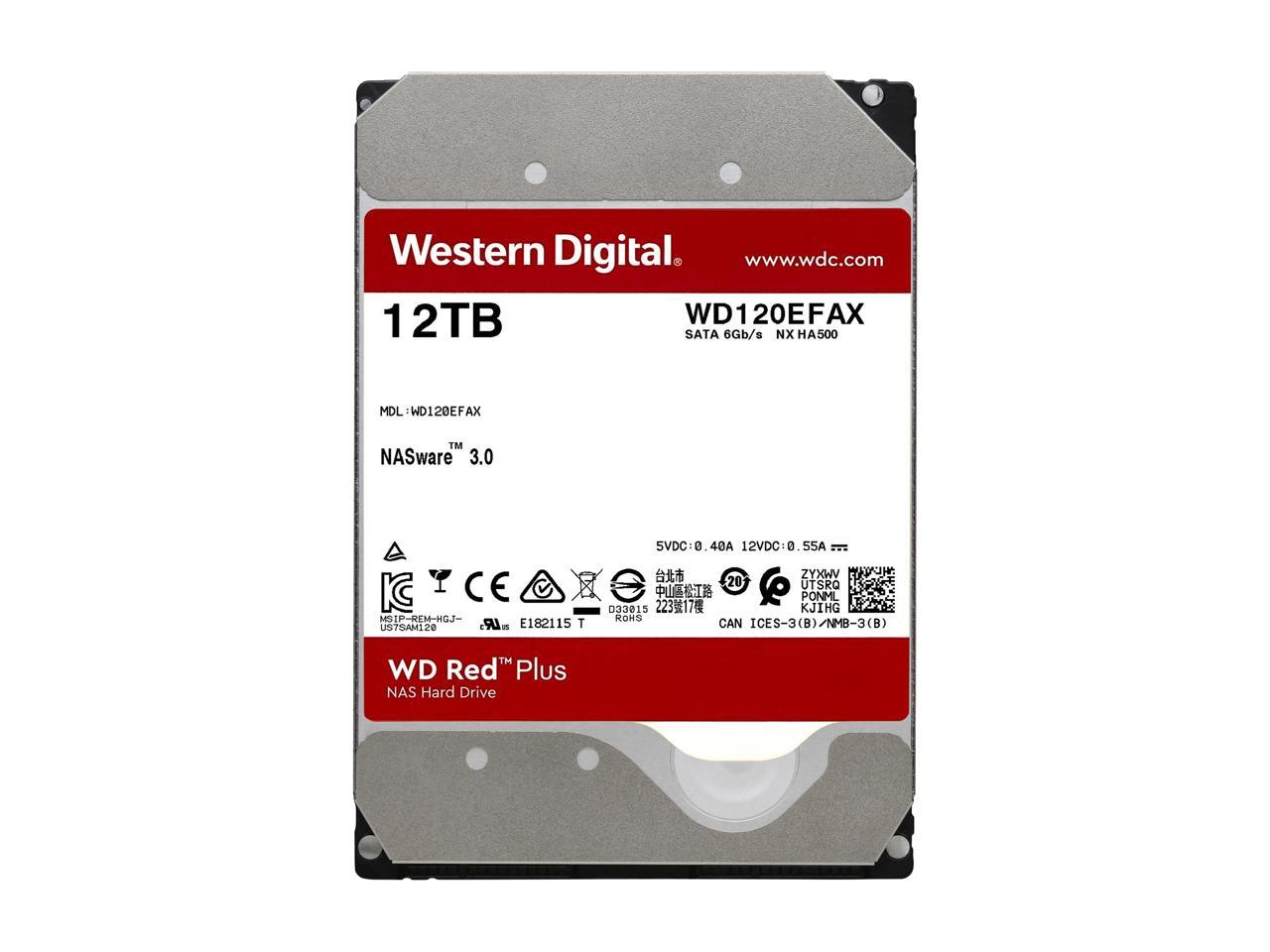 WD Red Plus 12TB NAS Hard Disk Drive - 5400 RPM Class SATA 6Gb/s, CMR, 256MB Cache, 3.5 Inch - WD120EFAX