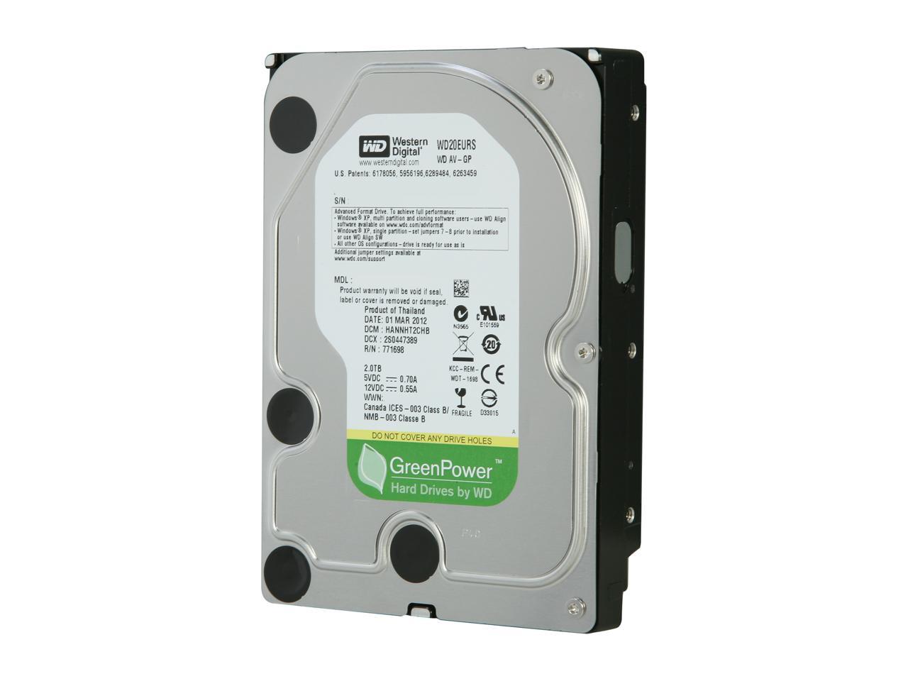 WD AV WD20EURS 2TB 64MB Cache SATA 3.0Gb/s 3.5" Internal Hard Drive - Manufacture Recertified Bare Drive