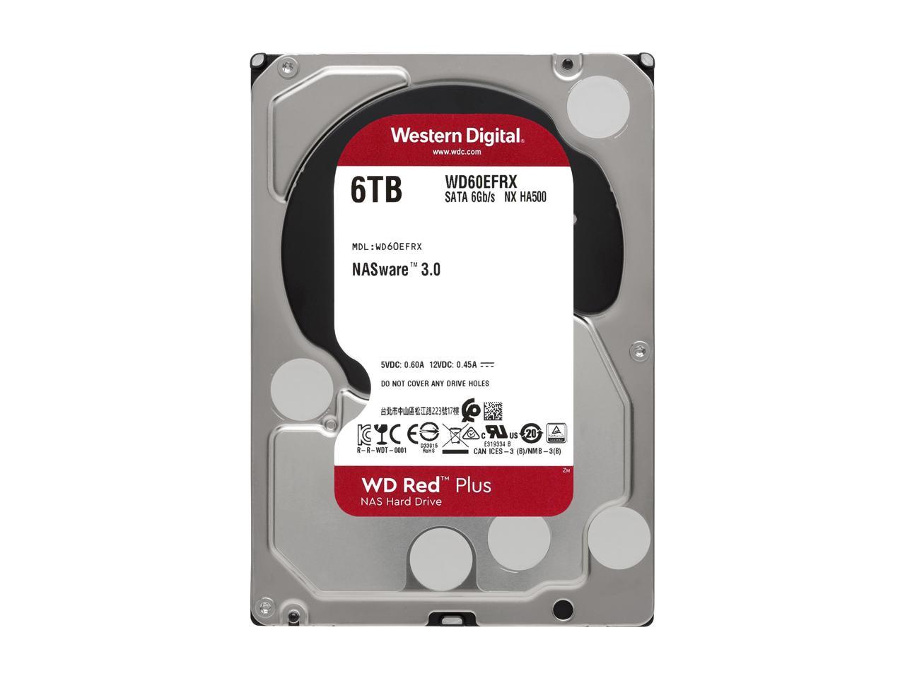 WD Red Plus 6TB NAS Hard Disk Drive - 5400 RPM Class SATA 6Gb/s, CMR, 64MB Cache, 3.5 Inch - WD60EFRX